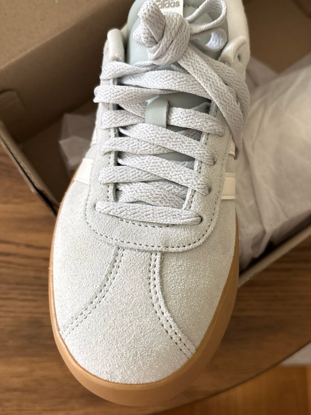 adidas Women's Light blueish Gray Suede Sneakers with Cream Stripes and Gum Sole - Picture 2 of 4